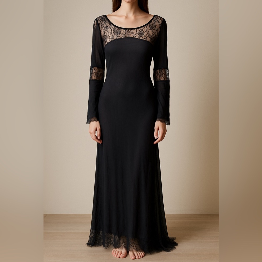 Vintage Victoria’s Secret Gold Label 100% silk lace nylon black nightgown gothic